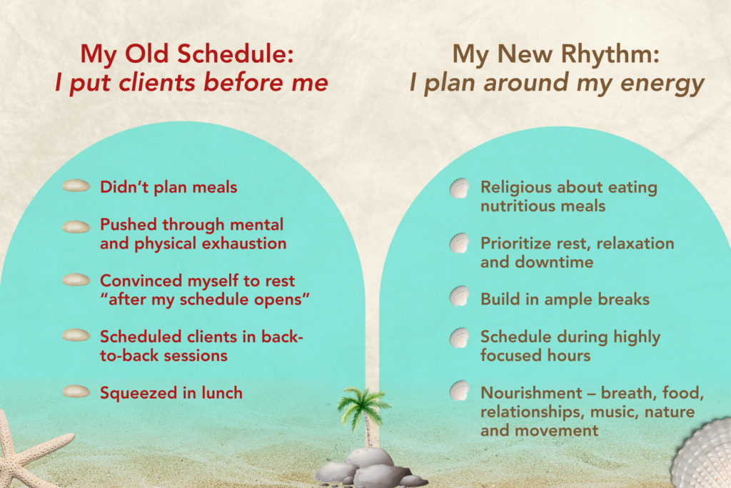 Comparison chart showing old burnout schedule and new balanced routine as a wellness business entrepreneur